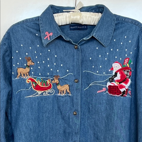 Karen Scott II Christmas Blue Denim Shirt with Festive Embroidery Size 2X - Picture 2 of 11